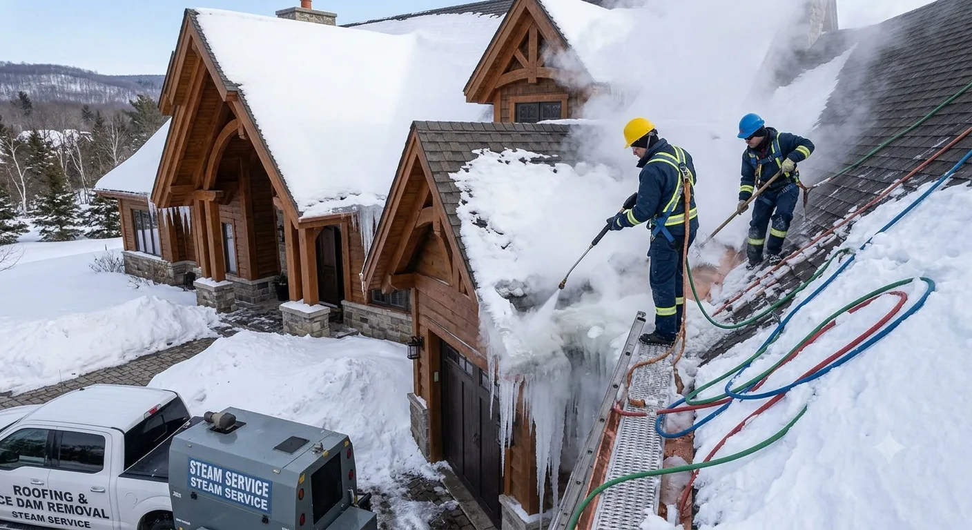 Two professional ice dam removal technicians using high-temperature steam equipment on a snowy roof in Minnesota