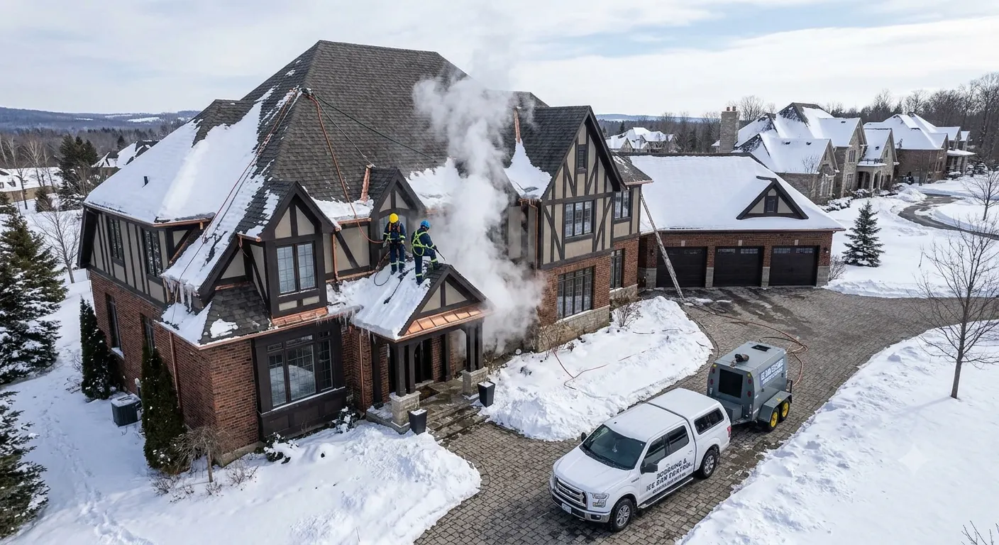 Professional ice dam steam service on a large brick Tudor-style home with multiple roof valleys in Minnesota