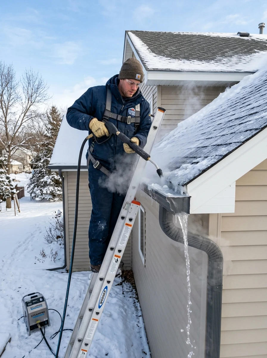 Professional technician safely steaming ice out of a rain gutter and downspout with water flowing cleanly