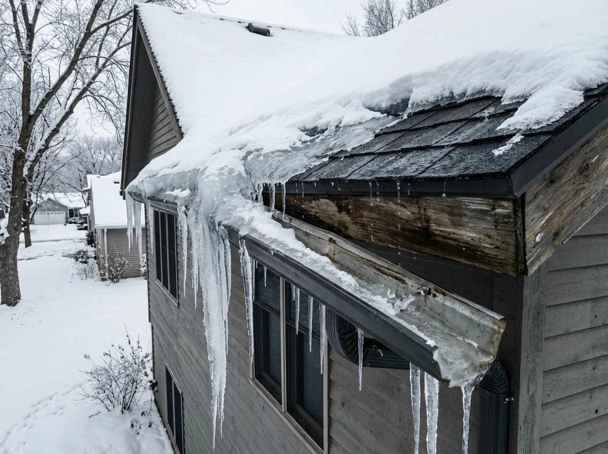 Dangerous ice dam tearing gutter off fascia board and causing water damage to roof in winter