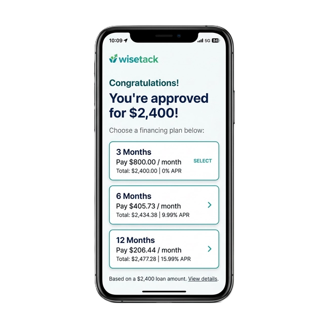 Wisetack financing app on a smartphone